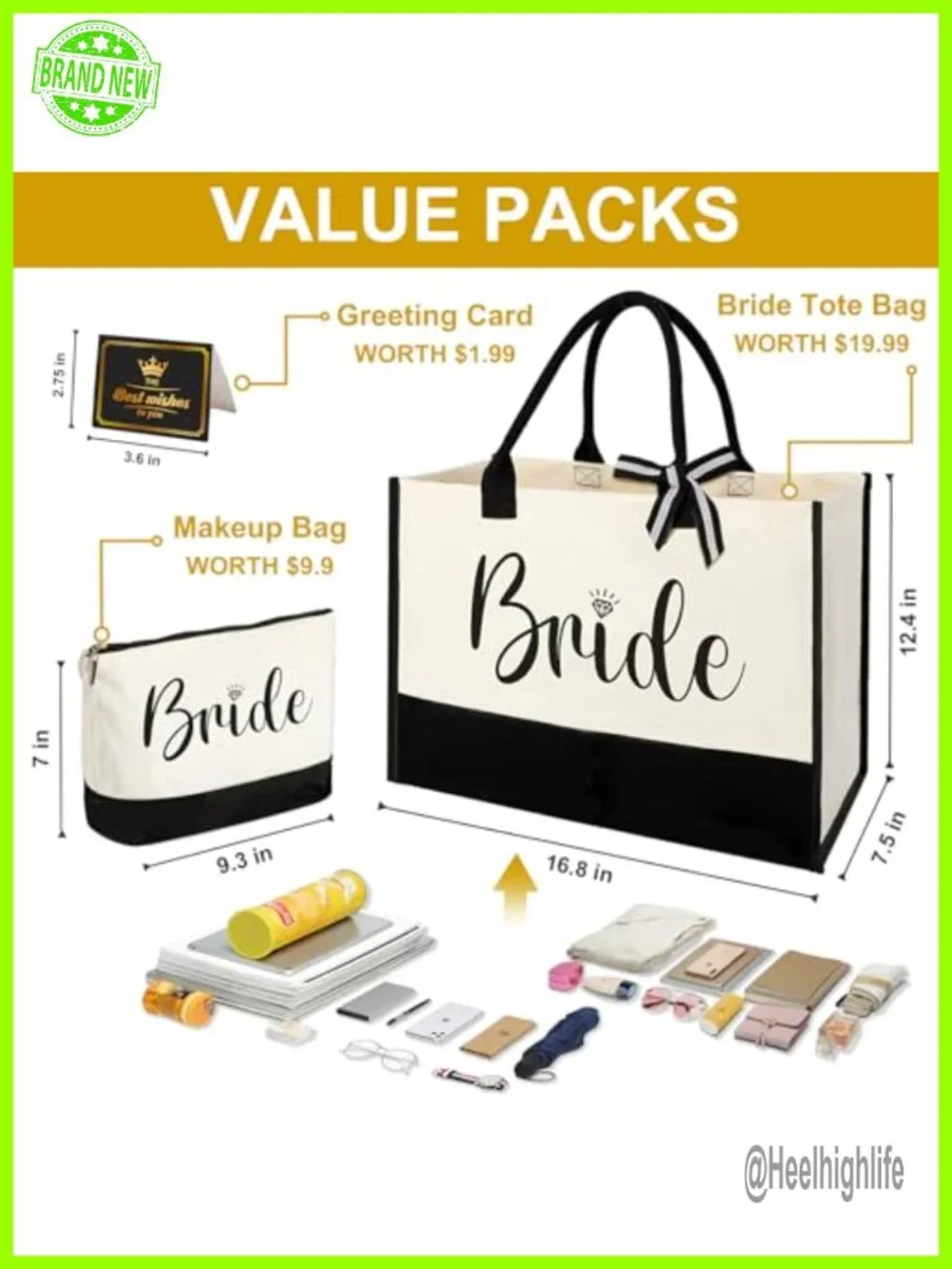 Bride Canvas Tote Bag with Makeup Bag, Wedding Gift Set for Bridal Shower